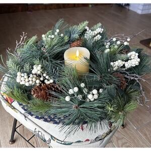 Luminara 3" x 4.5" Flameless Pillar & Wreath Centerpiece White Berries85